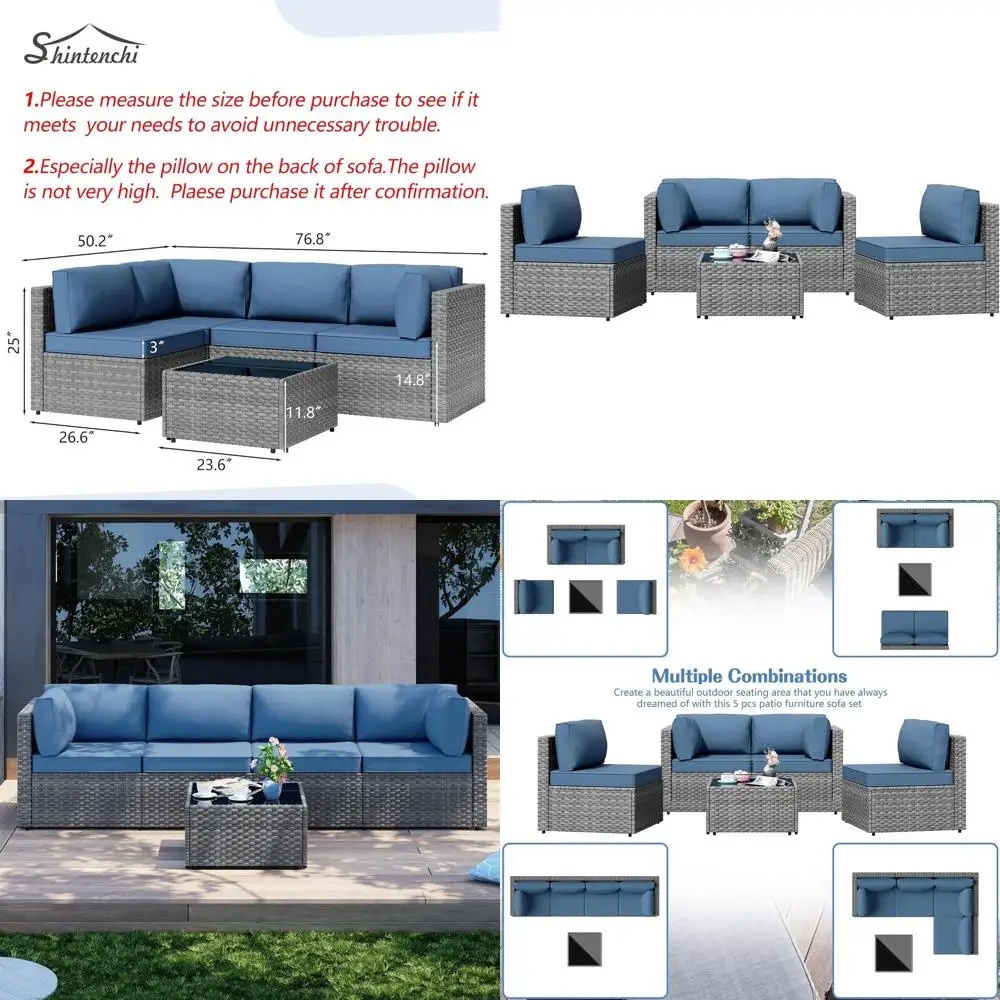 

5-Piece Weather-Resistant Outdoor Sectional Sofa Set in Gray & Aegean Blue Wicker Rattan for Patio and Garden