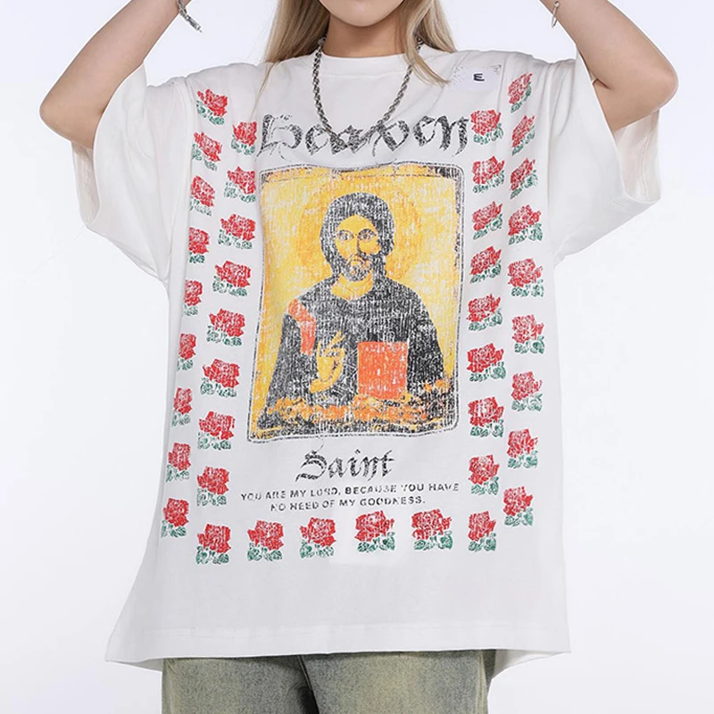 

SAINT MICHAEL T-shirts Men Woman New Rose Portrait Printing O-Neck Short Sleeve Summer Loose Lovers Top Tees