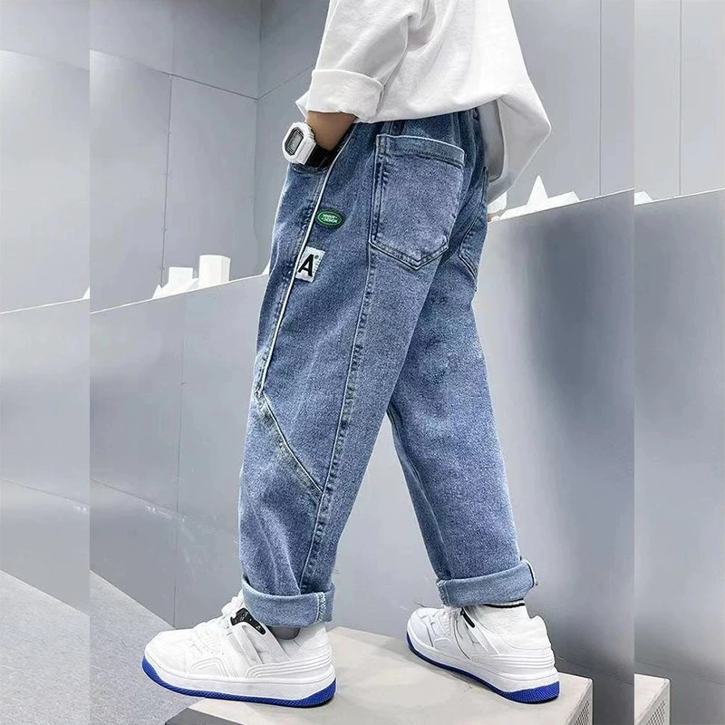 Boys Plush Warm Straight Jeans Autumn Winter Stylish Letter Denim Trousers 4-14 Years Kids Casual Loose Fit Cotton Sweatpants