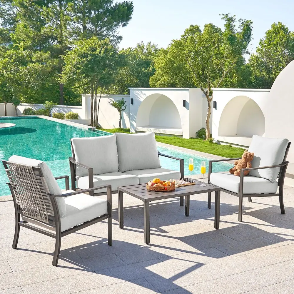 

4 Pieces Patio Furniture Sets,Modern Metal Outdoor Conversation Sets with All Weather HandWoven Rope Chairs,High Back Frame,Met