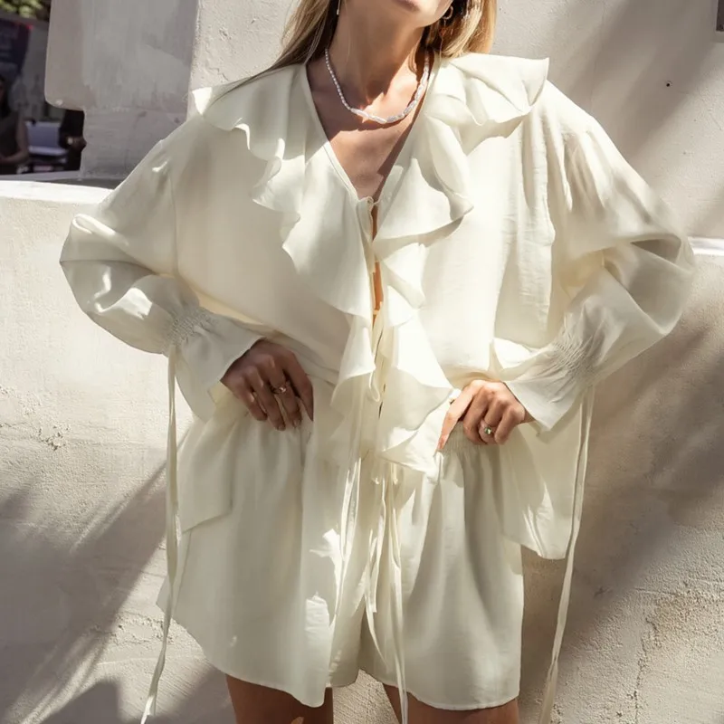

Holiday Elegant Lace Up Ruffle Chiffon Shorts Suit Women Casual Long Sleeve V Neck Loose Tie Top Simple Shorts Set Female Outfit