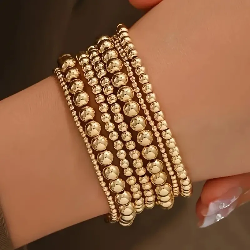 7 Pack Stretch Bead Bracelet for Women Fashion Minimalist Waterproof Soft Elastic Cord Daily Wear Layered Silver Color