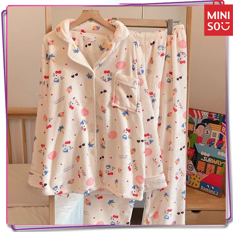 

Miniso Sanrio Hello Kitty женские штаны с длинным рукавом пижамный комплект Y2K зимняя теплая утолщенная Домашняя одежда Повседневная Пижама подарок