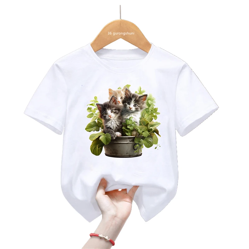 Funny Cat Love Cup Animal Printed Tshirt Girls/Boys Harajuku Kawaii Kids Clothes Summer Tops Fashion T-Shirt