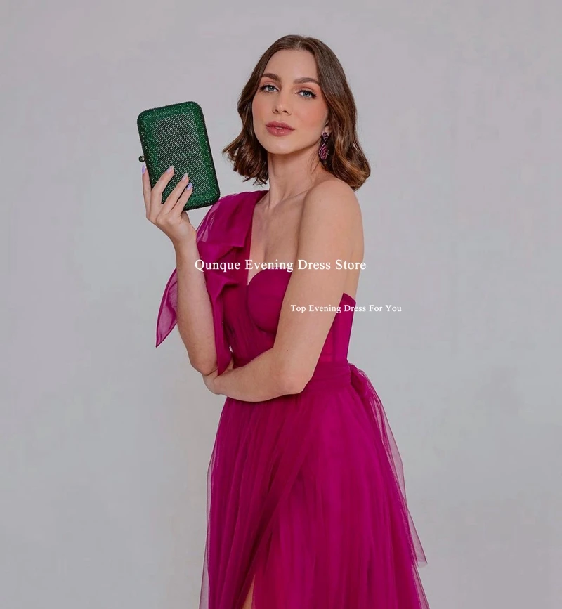 Qunque Fuchsia Tulle Evening Dresses Vestidos De Fiesta One Shoulder Customized Slit Prom Dress A Line Bow Back Robes De Soirée