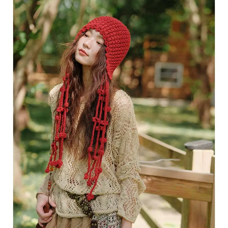 

Autumn Winter Warm Women's Knitted Hat Handmade Weaving Tassel Hollow out Ear Protection Full Covering National Style Fringe Hat