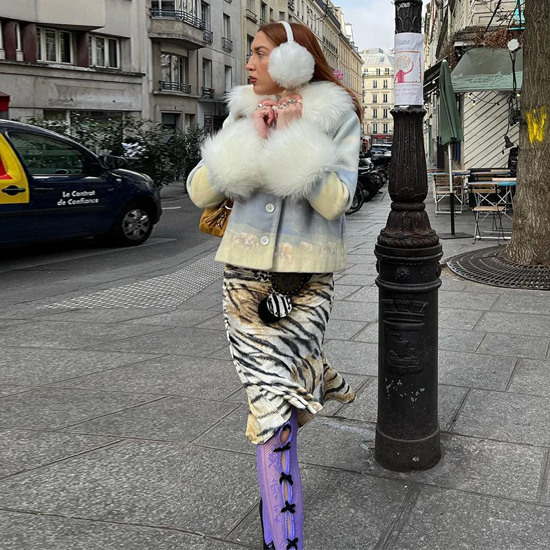 Bedruckte Kunstpelz-Patchwork-Wollkurzmäntel für Damen, Street-Style, Reverskragen, Langarm, Lose Jacke, Herbst-Winter, Schicke Damen-Oberbekleidung, Neuheiten – Detail 10