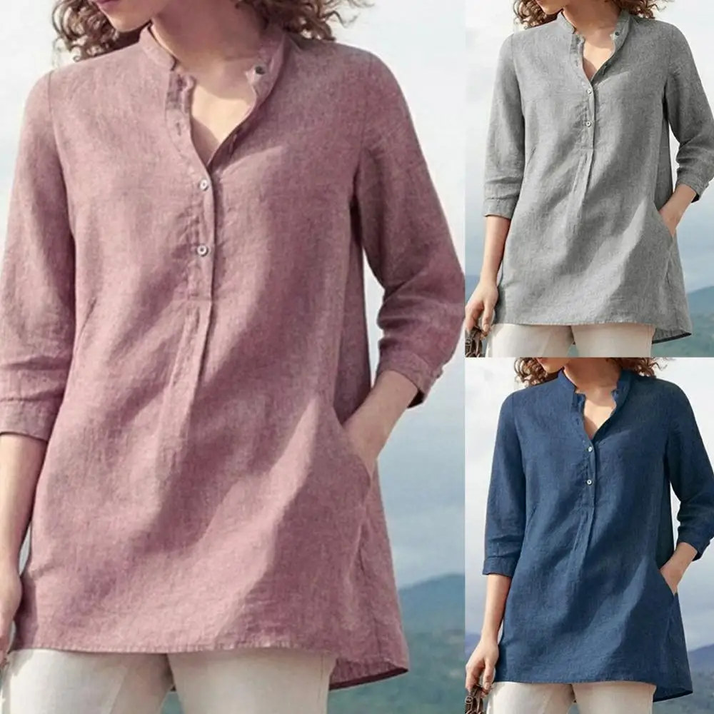 Elegant Cotton Linen Shirts Women Casual Solid Button Lapel Blouses Shirts Autumn Winter 3/4 Sleeve Loose Tops Tunic Blusas