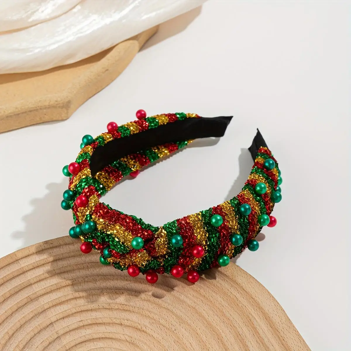 1 unidad de rayas de bloques de color de moda navideña con incrustaciones de perlas, diadema con temperamento brillante, accesorios para el cabello, fiesta y baile