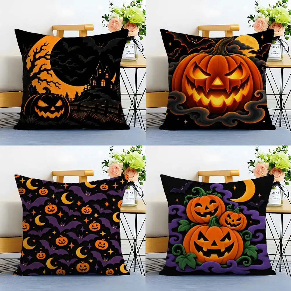 H-Halloween Flock Print Cushion Cover Linen Minimalist Soft  for Sofa Bed Home Room Decor