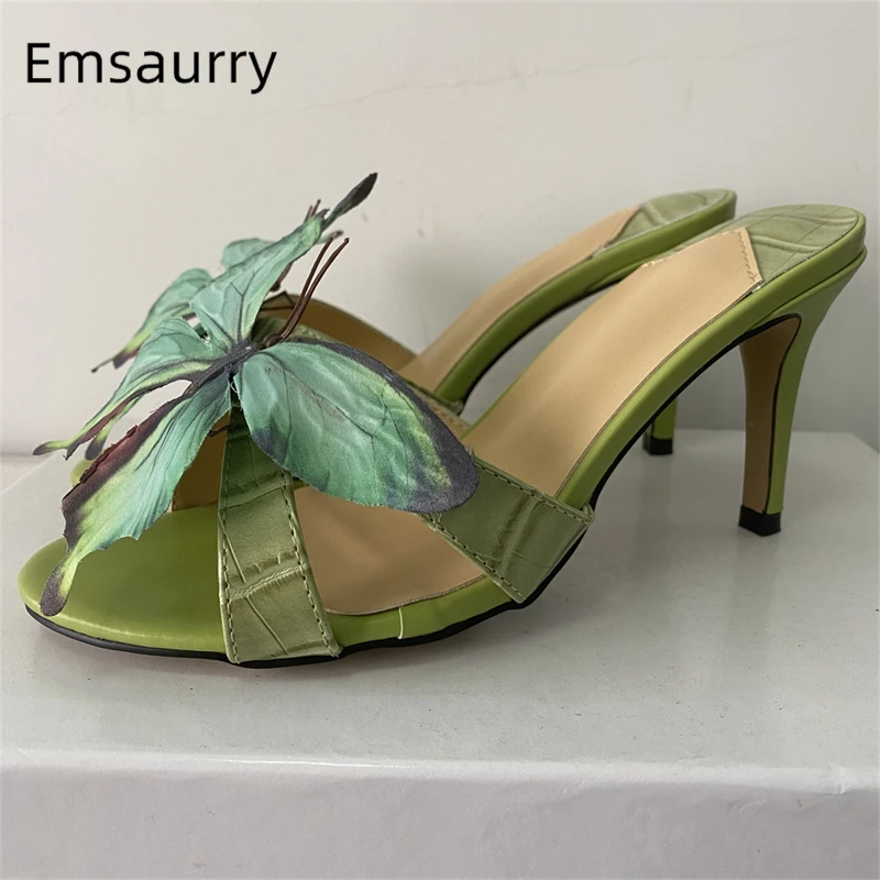 Handmade Butterfly-Flower Decor Sandals Women Slingbacks Multicolor Stone-Grain Real Leather Summer Shoes