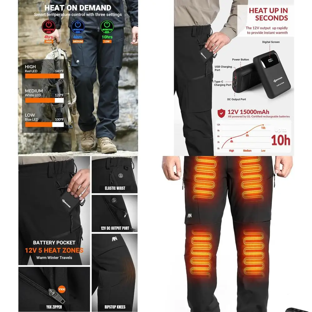

ANTARCTICA GEAR Heated Pants for Men, with 12V/15000mAh Battery, 5-Zone Heating Softshell Outdoor Trousers Hiking Pants