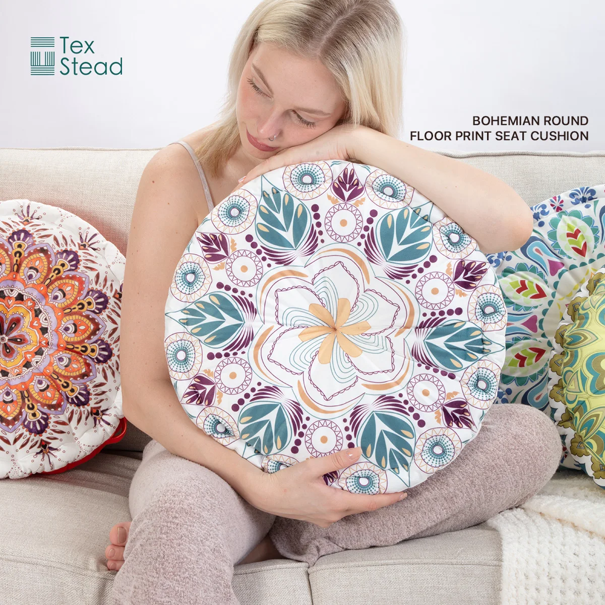 Round Bohemian Floor Seat Cushion, Mandala Print Portable Meditation Pillow with Handle, Soft Plush Thickened Cushion for Living