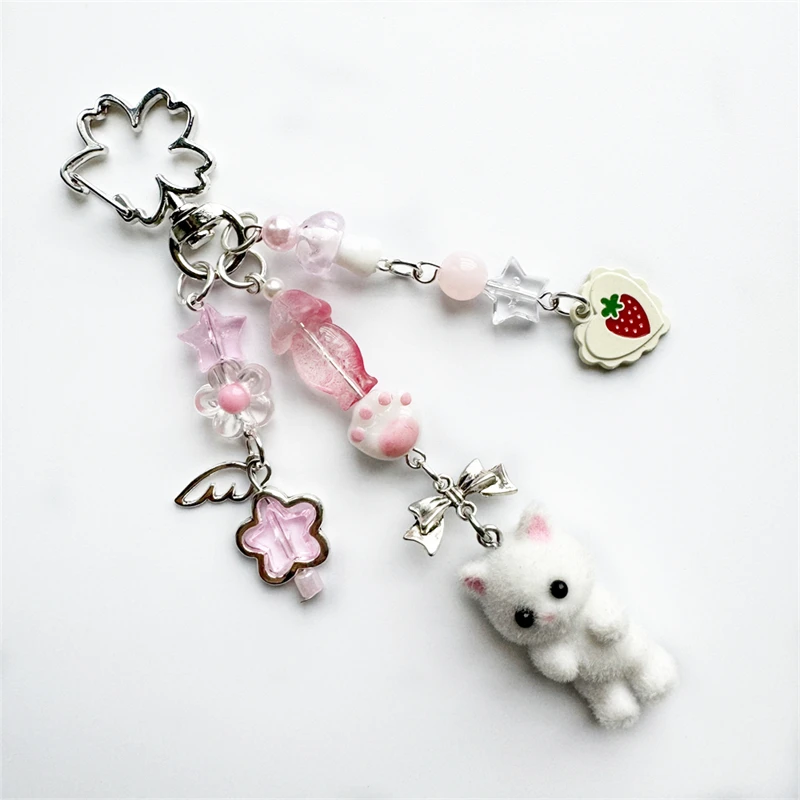 Cute Flocking Kitten Pendant Keychain Pink Five-pointed Star Cat Claw Small Fish Bead Chain Pendant Bag Accessories