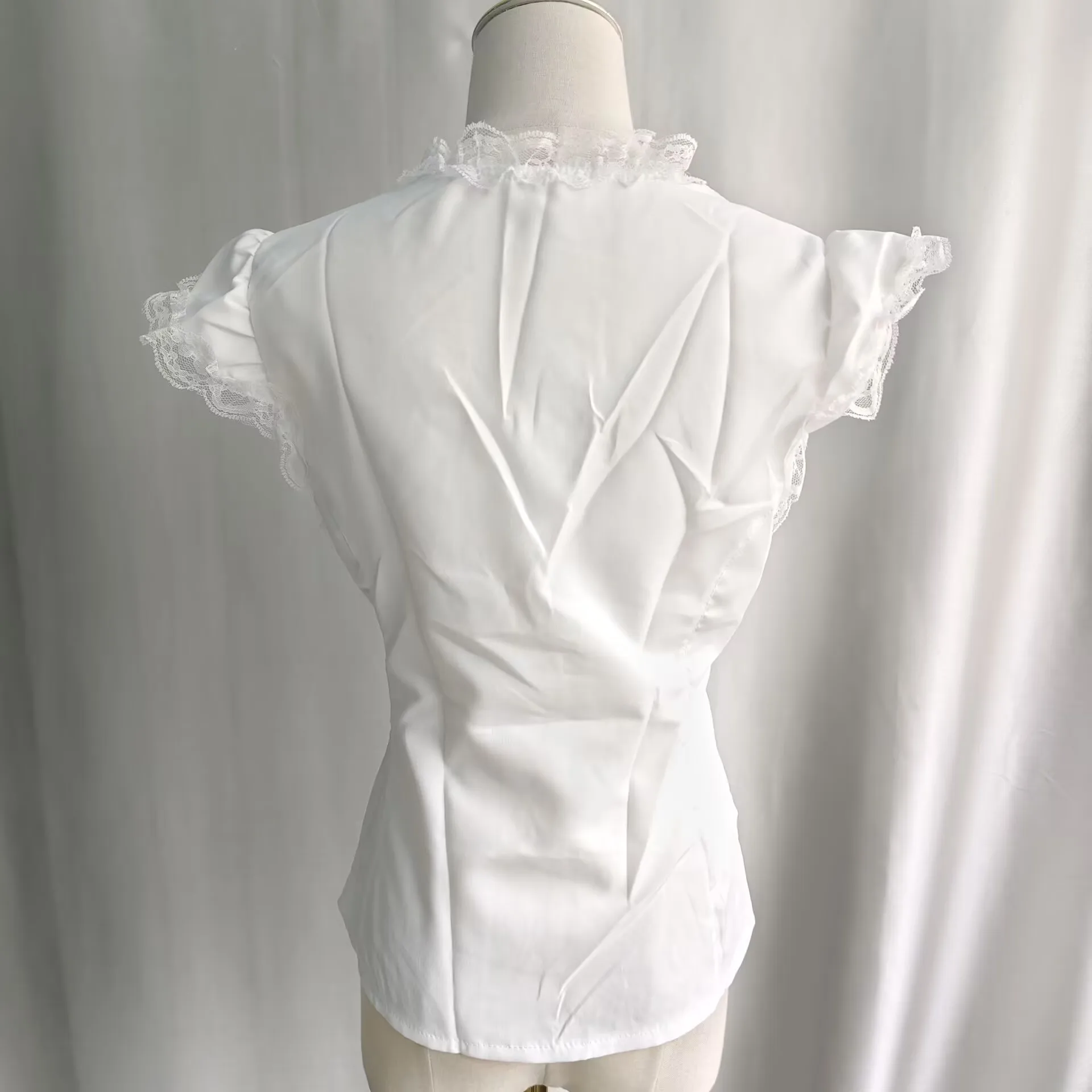 Onalippa French Retro Court Style Lace Patchwork Tie White Short Sleeved Shirt Women Summer Buttoned Slim Fit Slimming Top image 3
