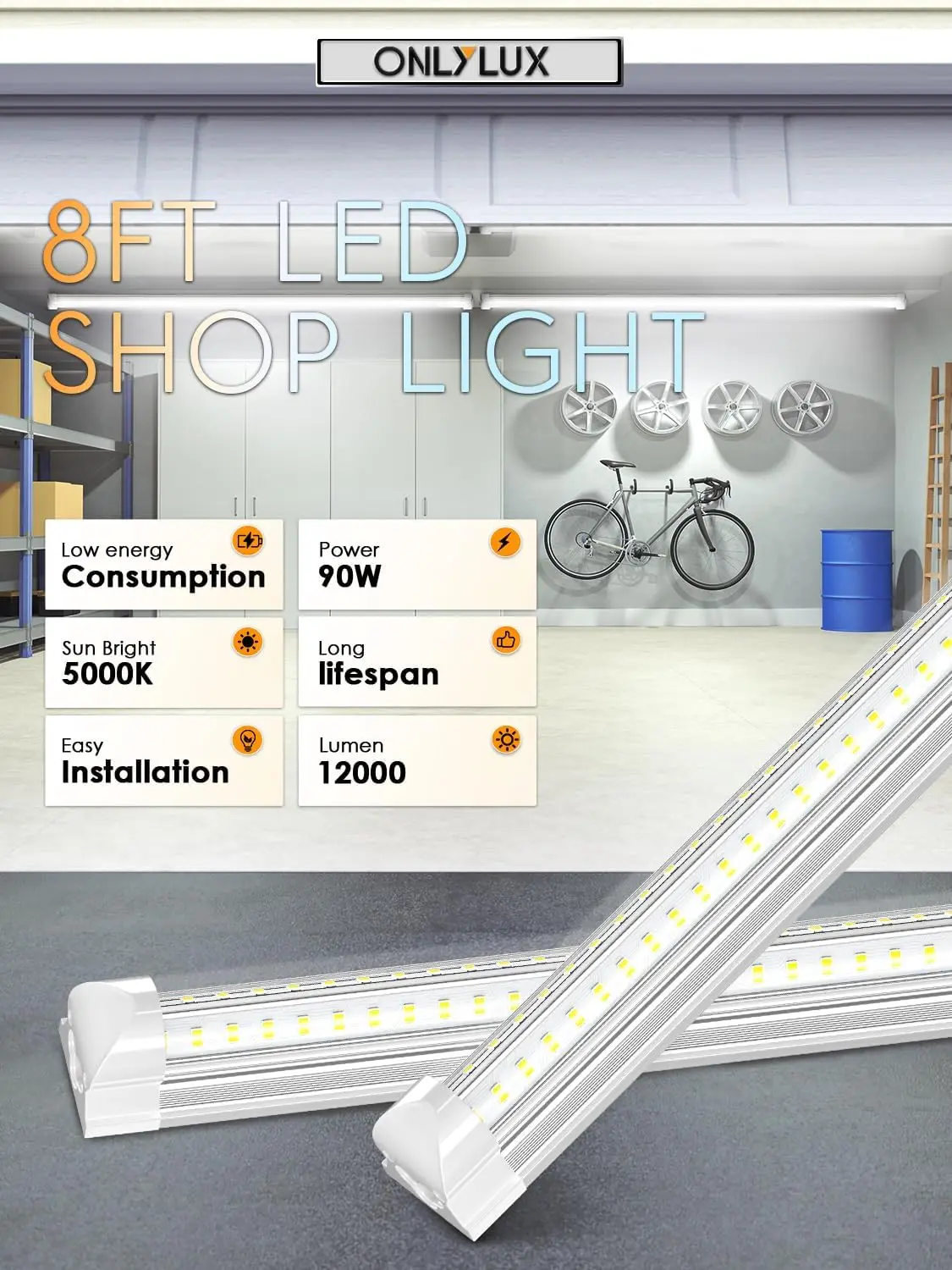 

8-футовый светодиодный светильник для магазина — 90 Вт, 12000 лм 5000 К, 8-футовый светодиодный светильник для магазина, V-образные лампы для гаража, мастерской, склада