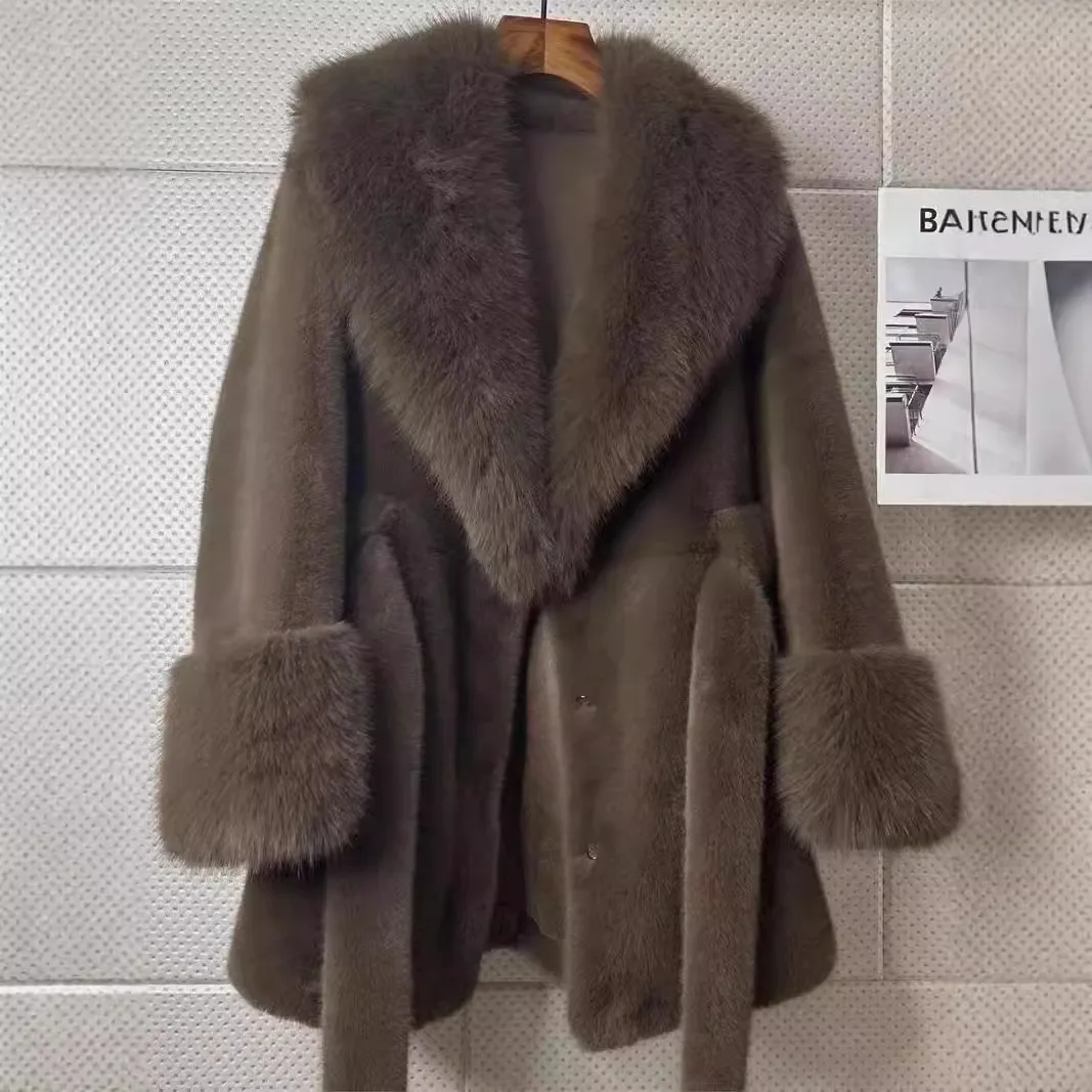 Luxurious Faux Fur Brown Coat Plush V-neck Long Sleeve Loose Warm Jackets Winter Elegance Textured Outerwear with Belt Jacket