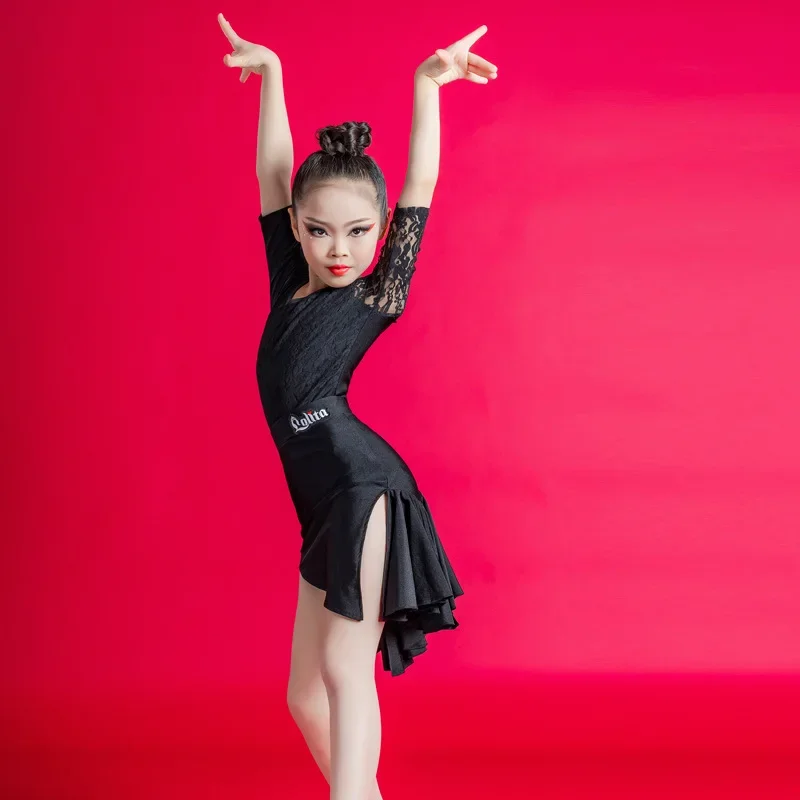 New Latin Dance Dress for Children Girls Practice Clothes Performance Clothing Lace Sleeve Top Skirts Suit Competition Costumes