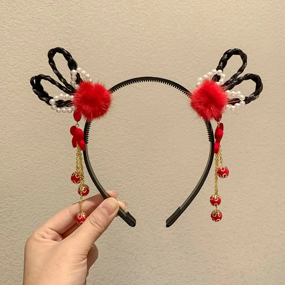 

Lovely Flower Children Wig Headband Braid Hair Tassel Hanfu Hair Sticks Baby Headwear Red Bow Hairband Baby