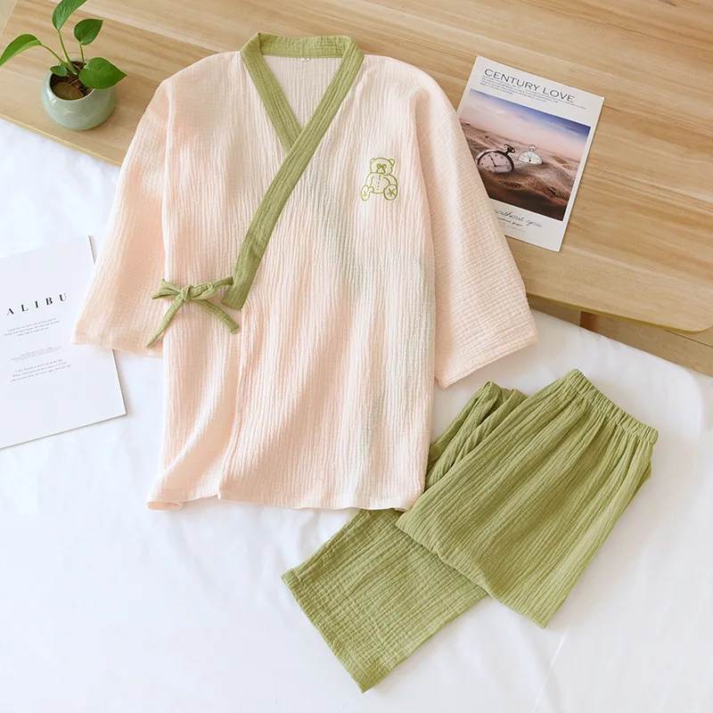 Spring/Summer New Japanese Kimono Suit Ladies 100% Cotton Crepe Pajamas Long Sleeve Pants Two Piece Loose Lace Up Homewear