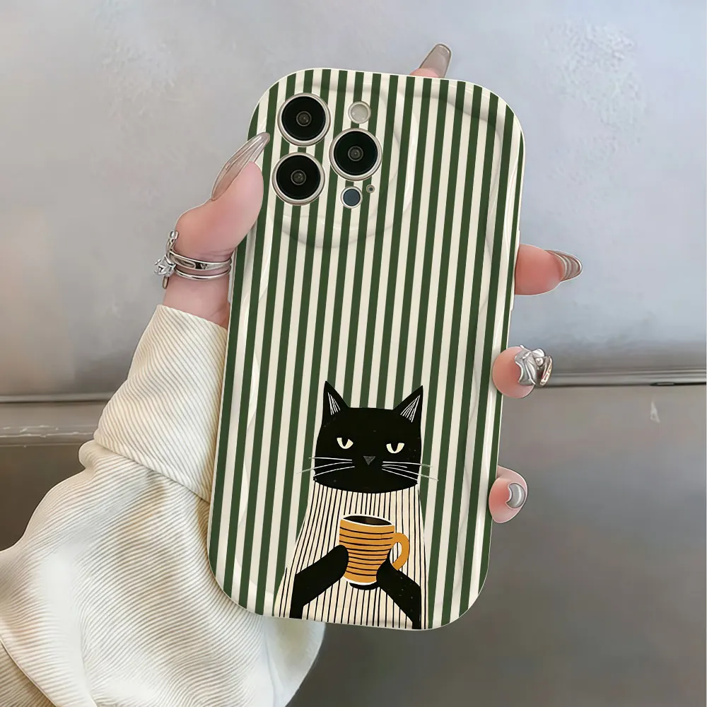 Striped Cute Black Cat TPU Phone Case For Samsung Galaxy A07 A06 A15 A16 4G A17 S25 S26 Ultra S24 S23 Plus A56 A57 A37 5G Cover