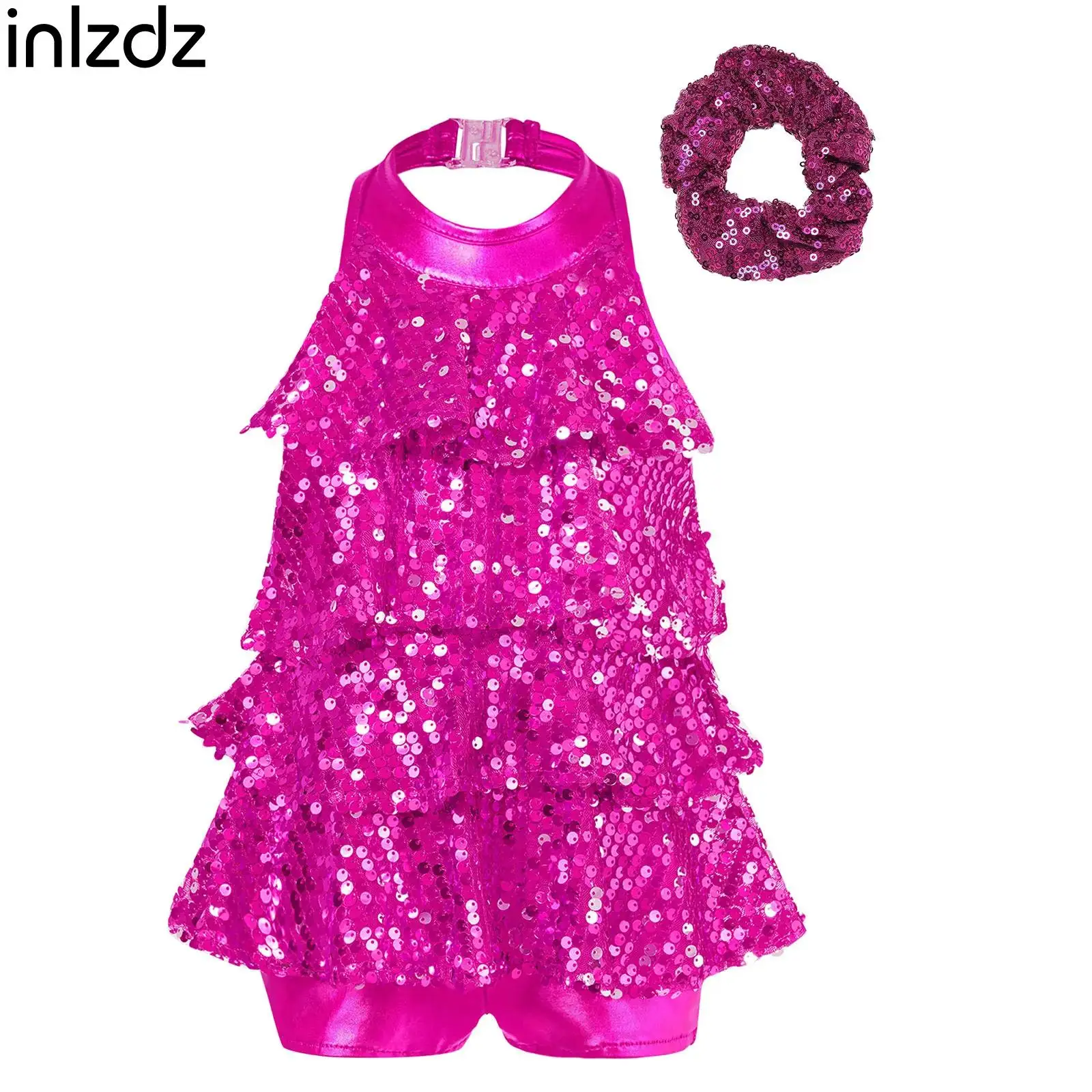 어린이 소녀 민소매 홀터 스팽글 발레 댄스 쇼티 유니타드 드레스 모던 재즈 라틴 차차 댄스용 헤어 타이 세트 포함