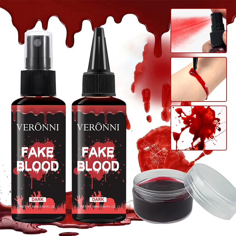 VERONNI 3 in 1 Fake Blood Makeup Kit Dark Realistic Washable Artificial Blood Spray Squeeze Liquid & Thick Blood Paste Halloween