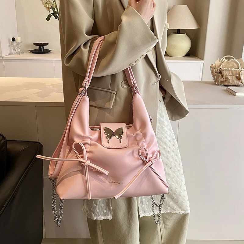 LEFTSIDE Bow Pu Leather Flap Bags For Women 2024 New Trend Females Large Crossbody Bag Chain Shoulder Bag Handbags And Purses