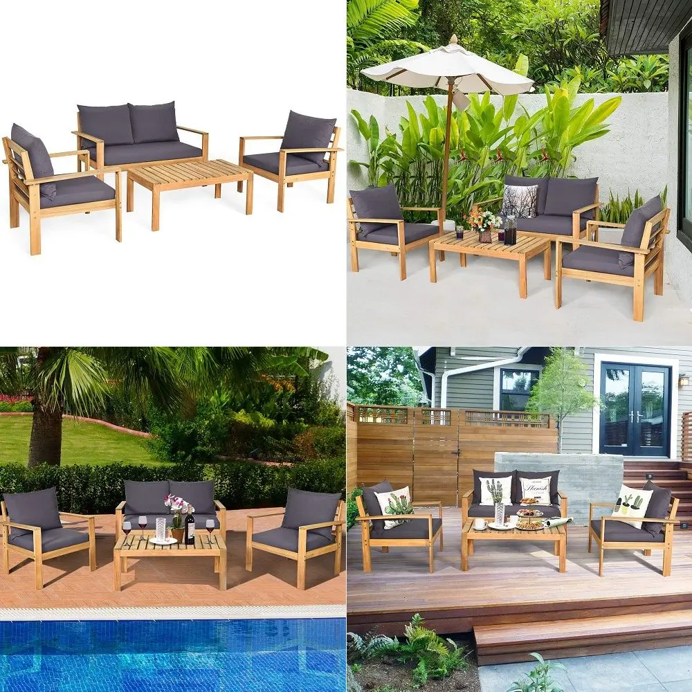 

5 Pieces Wicker Patio Furniture Set, PE Rattan Outdoor All Weather Cushioned Sofas and Ottoman Set, 2Person Outside Conversatio