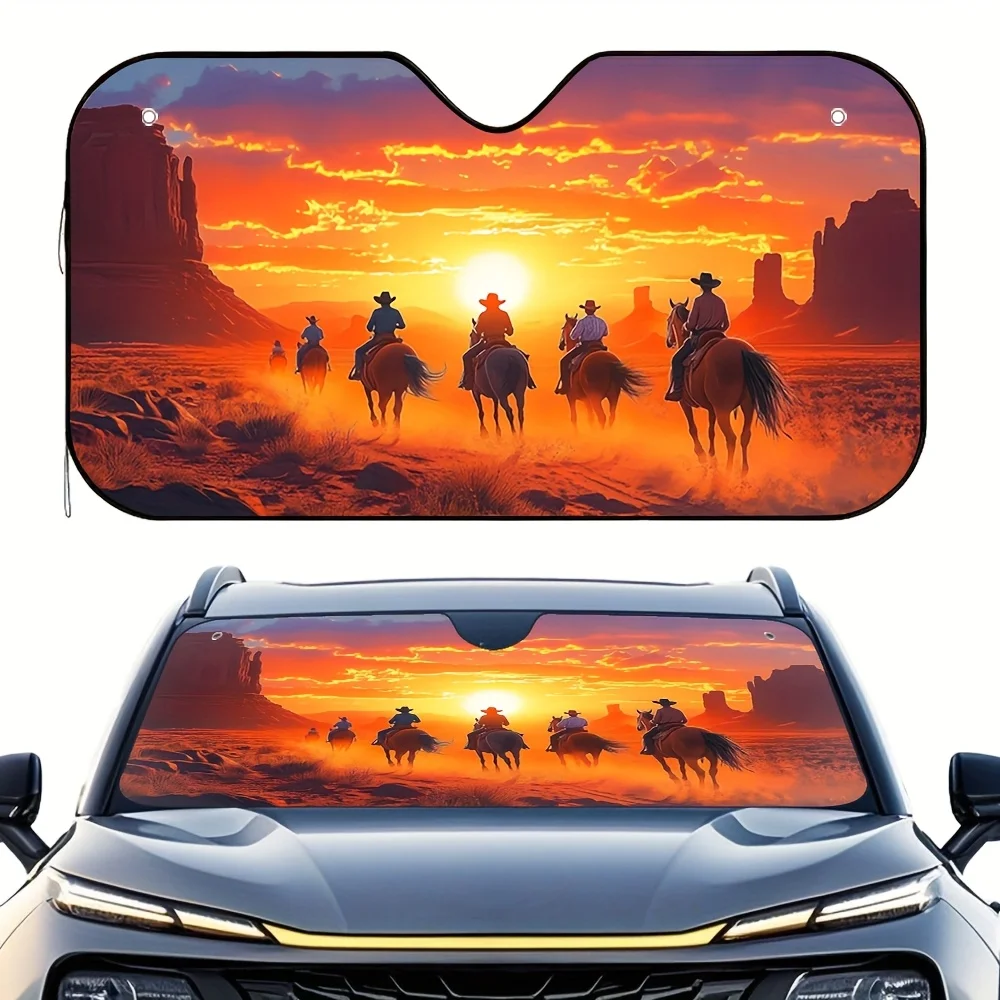 1pc Western Cowboy Sunset Scene Print Car Sunshade Keeps Car Cool Foldable Easy To Install Includes 4 Suction Cups