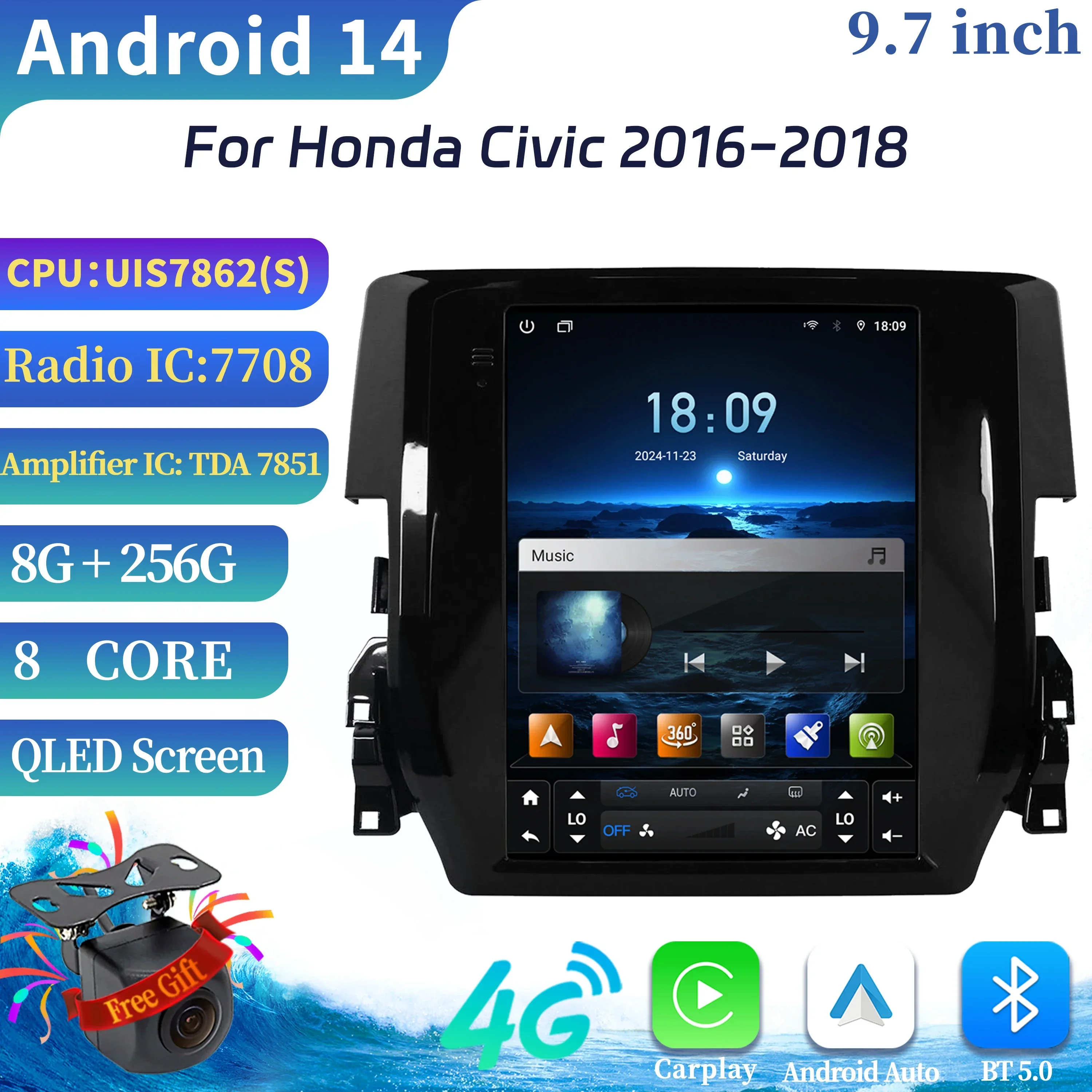 

9.7inch For European Left Rudder Honda Civic 2016-2018 Car Radio Android Multimedia Navigation CarPlay 4G GPS Screen Stereo 4G