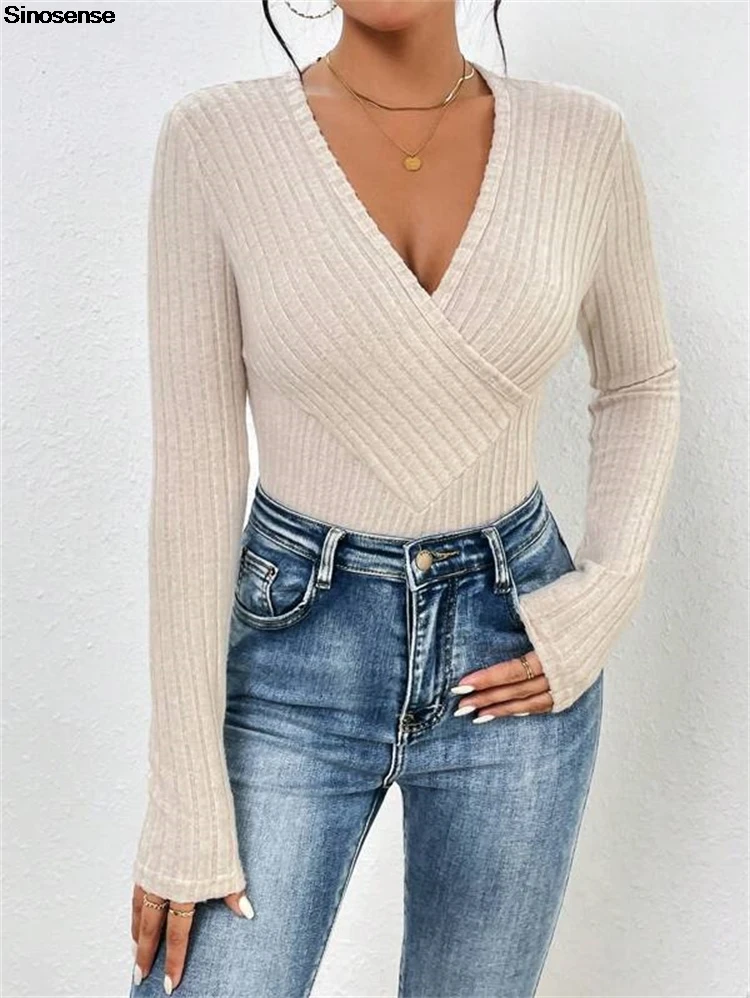 Women Wrap V Neck Long Sleeve Bodysuit Fall Fashion Ribbed Knit Bodysuits Y2K Going Out Tops Daily Wear Street Dating Leotards