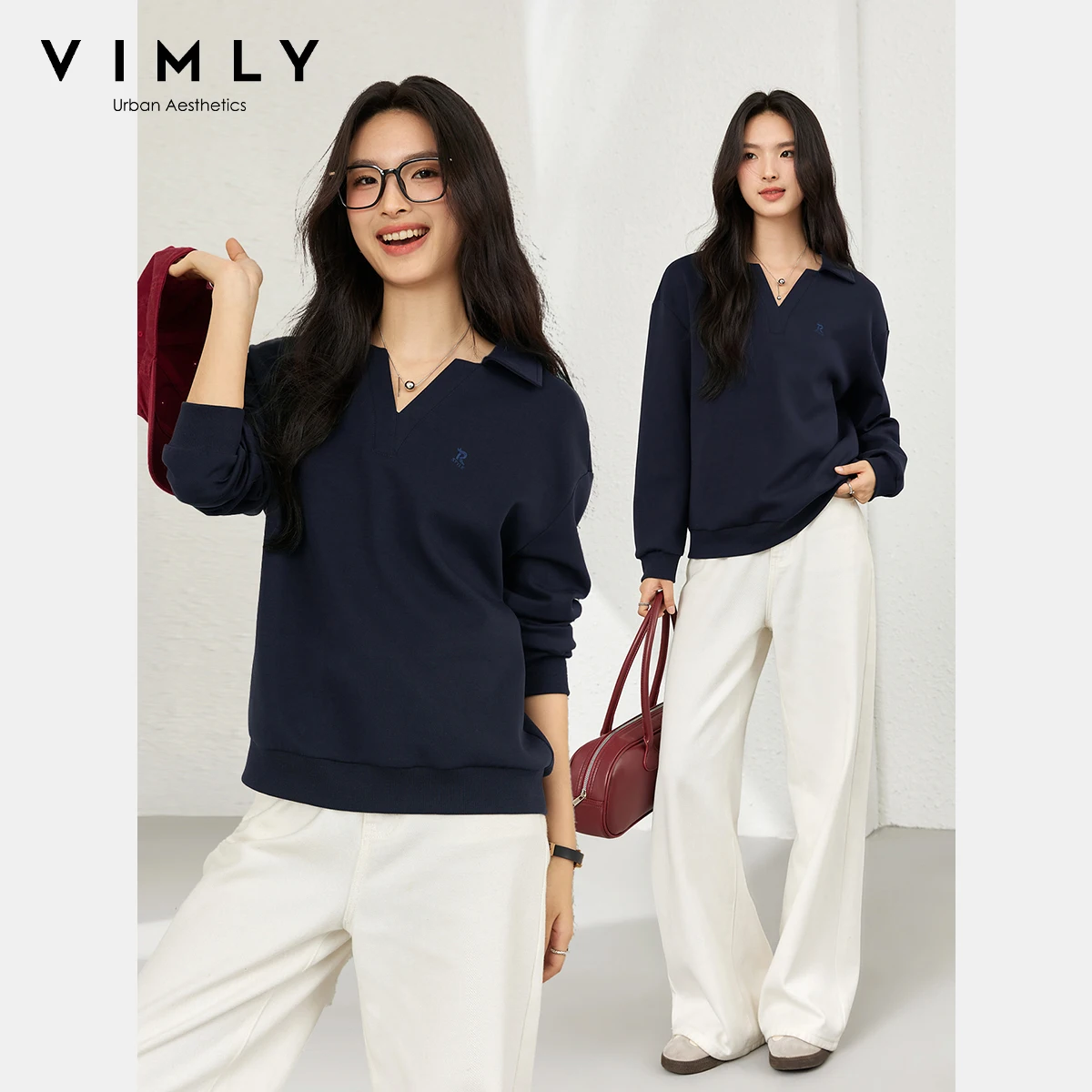 VIMLY Navy Blue Women's Sweatshirts 2025 Autumn Embroider Letter V-neck Turn-down Long Sleeve Thin Knitted Woman Pullovers A2057