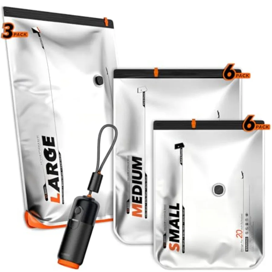 

Вакуумные пакеты VacEase Ultra (15 шт.) для путешествий с USB и аккумулятором, 2-в-1: перезаряжаемый воздушный насос и компрессионные пакеты для хранения вещей