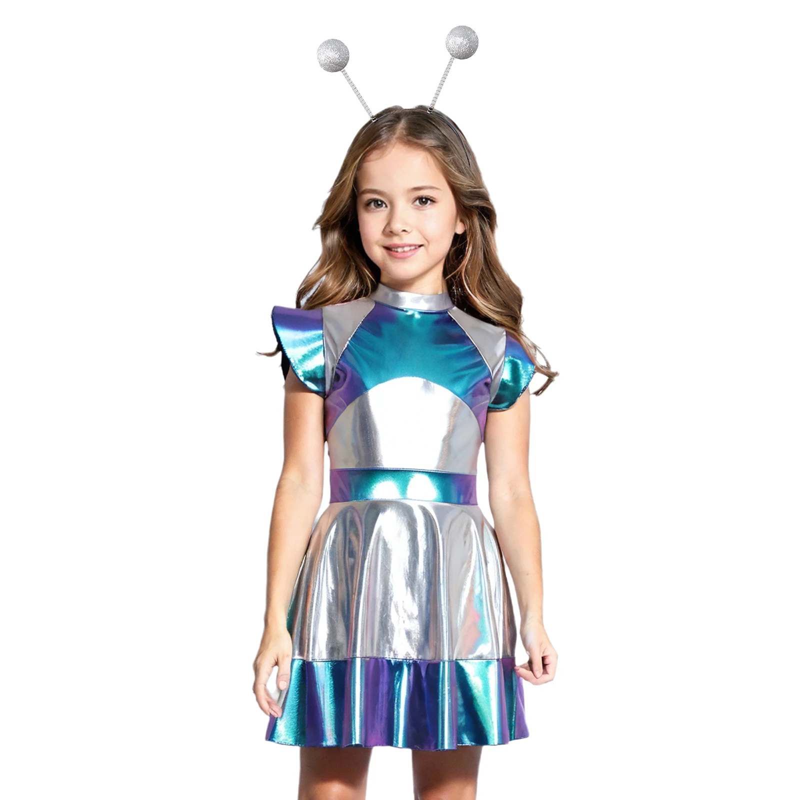 

Kids Girls Halloween Galaxy Explorer Cosplay Costume Outer Space Alien Roleplaying Dress with Cute Alien Hair Hoop Accessory