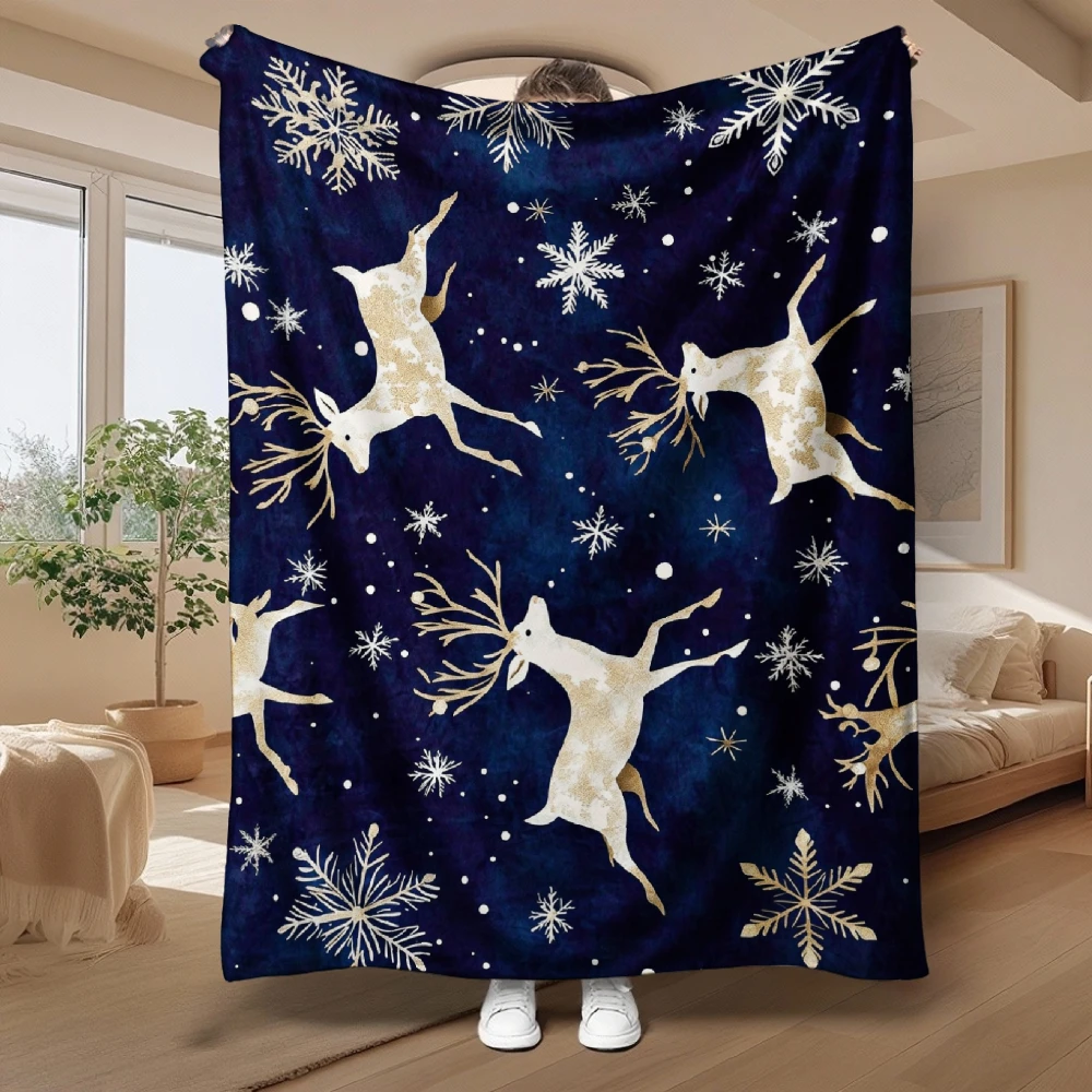 Winter Reindeer And Snowflake, Holiday Gift, Blanket, Navy Blue with Golden Deer, Home Decor, Soft Cozy Multi-Purpose