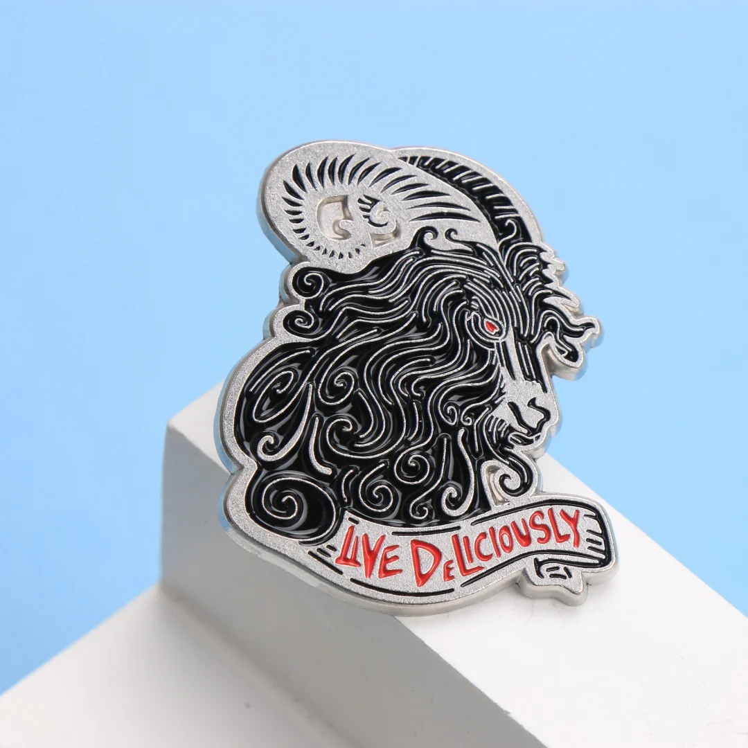 LIVE DELICIOUSLY Goat Enamel Pin - Cartoon Punk Lapel Badge for Backpack Clothing DIY Gift