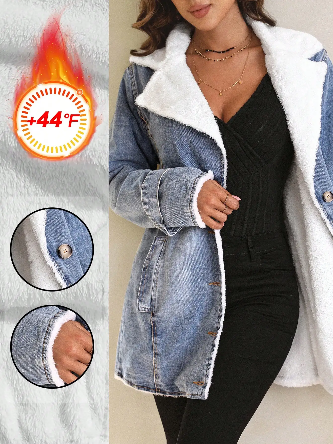 

Plus Size Women's Faux Fur Lined Denim Jacket, Single-Breasted, Winter Warm Cozy Outerwear