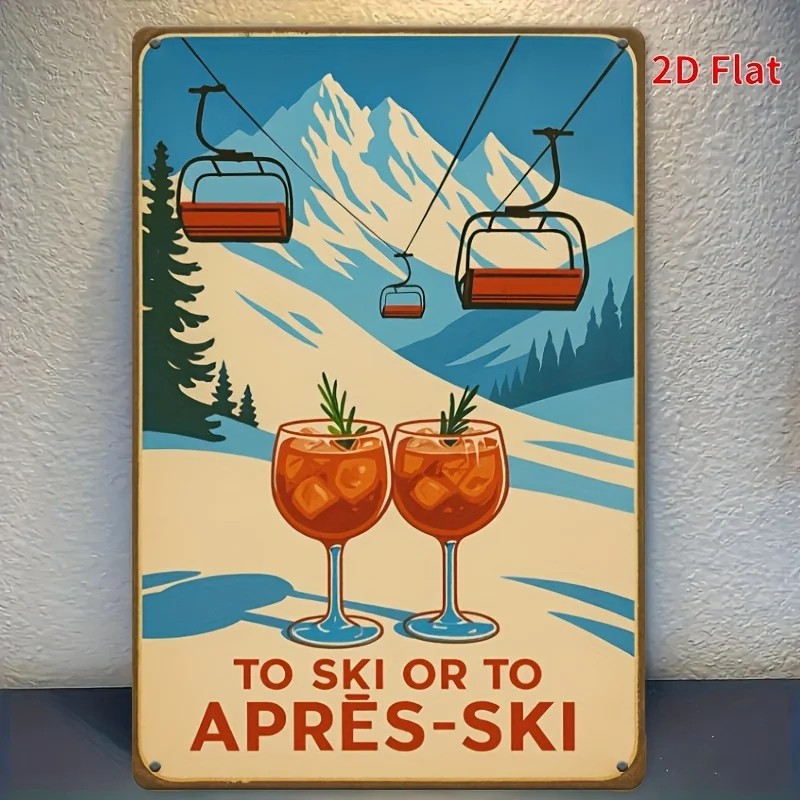 Vintage Ski Or Apres-Ski Cocktail Art Print Metal Poster- Retro Skiing Scene Featuring Gondolas And Martini Glasses, Wall Art