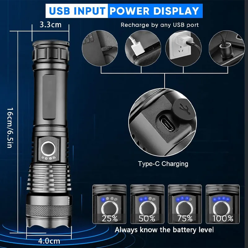 Rechargeable LED Flashlights High Lumens Super Bright Torch with 5 Modes Waterproof Powerful Handheld Flash Light for Camping