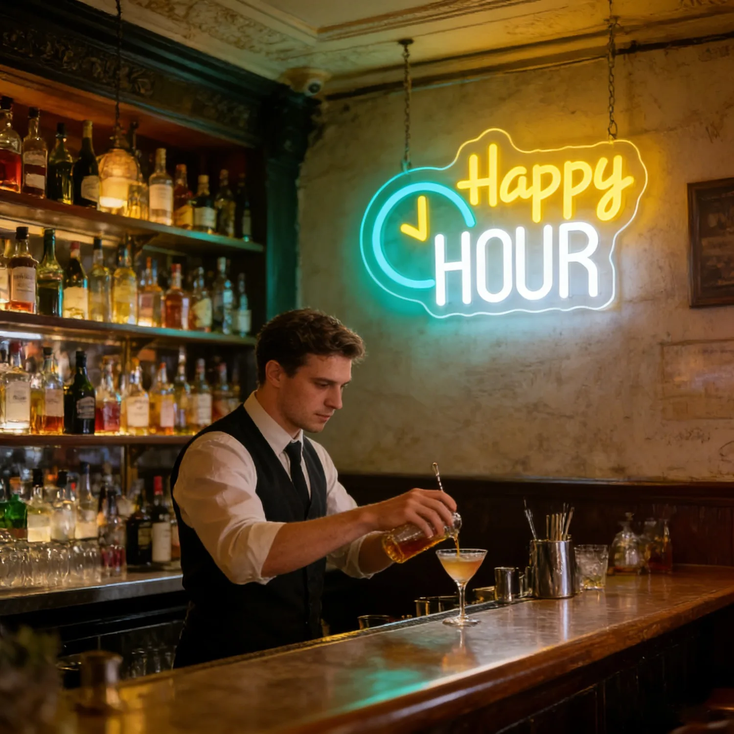 Happy HOUR Cloud Neon Sign with Clock LED Dimmable USB for Home Bar Kitchen Cafe Restaurant Living Room Wall Unique Gift