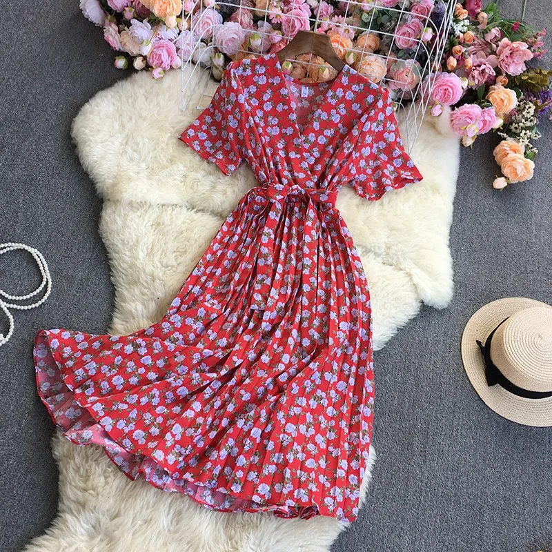 YuooMuoo Chic แฟชั่นดอกไม้พิมพ์ชุดสตรี 2025 ฤดูร้อน SASH BANDAGE จีบชุดเลดี้ชุด Vestidos Robe Femme