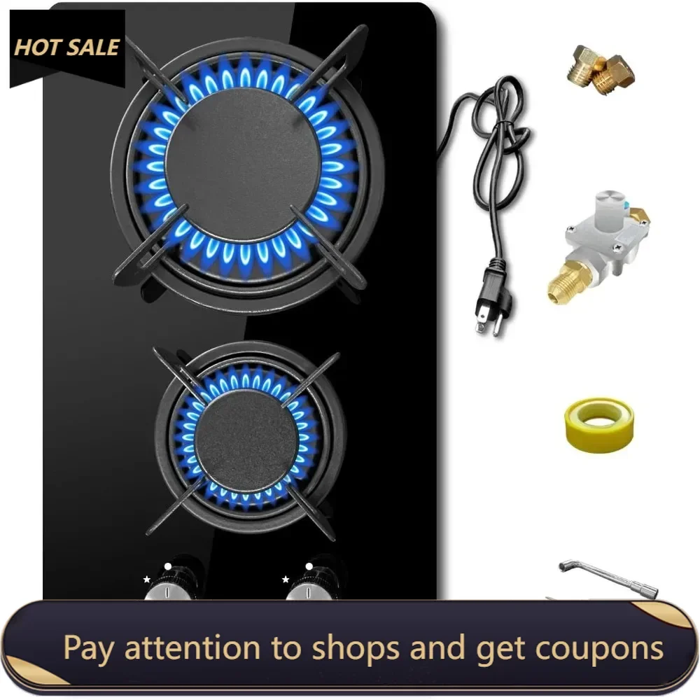 

12 inch Gas Stove，2 Burners Propane Cooktop Bulit-in，Indoor Gas Cooktop Suitable for Dual Fuel LPG，Tempered Glass Gas Stove Top