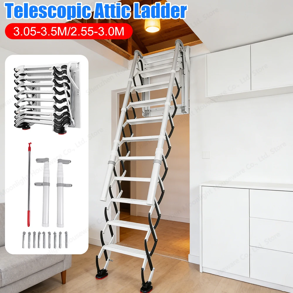 

Wall-Mounted Folding Pull Down Attic Stairs Retractable Loft Ladder with Handrails Indoor Outdoor Attic Ladder Space-Saving