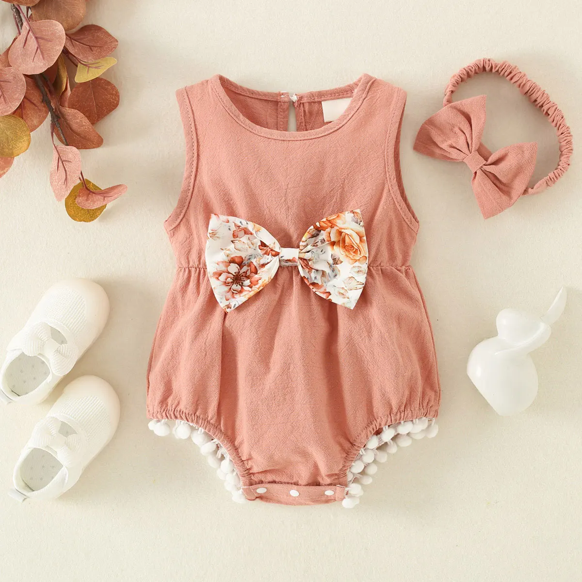 0-2-year-old newborn baby girl sleeveless summer bow fuzz lace triangle harnesses pink and color two colors