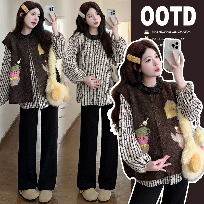 

Disney 2025 Fall Maternity Wear: Long Sleeve Versatile Patchwork Loose Top & Cardigan Fashion Vest Set