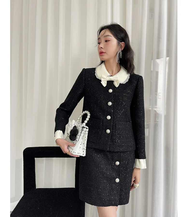 lingzhi-wu Women Tweed Set 2024 Autun Black Blazer Skirt Suit Sequins Black White Contrast Color Short Outerwear Skirts Twinset