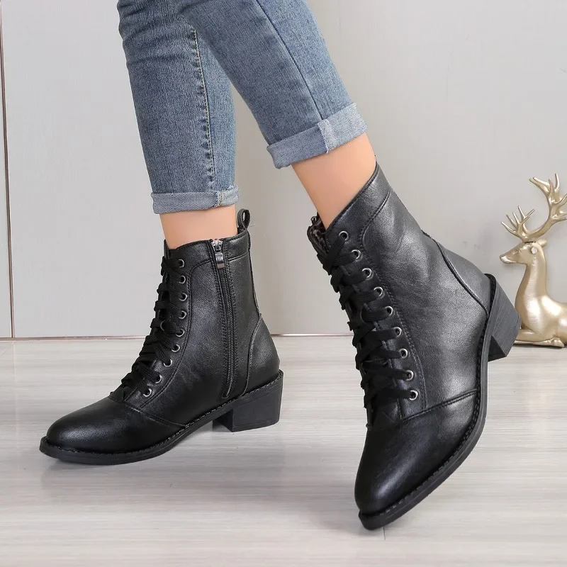 Zipper Women's Shoes Boots Women's Round Toe Winter Shoes Fashion 2024 Hot Selling Rubber Women's Autumn Leather Boots