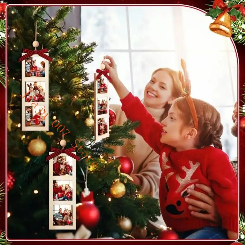 C9GA Pack Of 6 Wooden Christmas Photo Frames For Tree Decors With Hanging Rope Bowknot And Customizable Family Memory Display