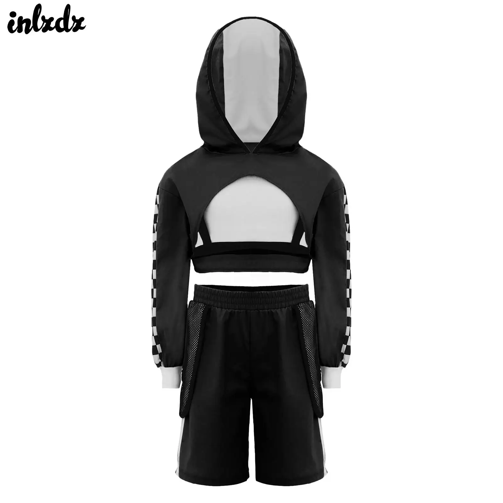 

Детский костюм для выступлений в стиле хип-хоп, джаз, одежда для уличных танцев, толстовка в шахматном порядке с нагрудным ремнем, укороченная майка и шорты, комплект